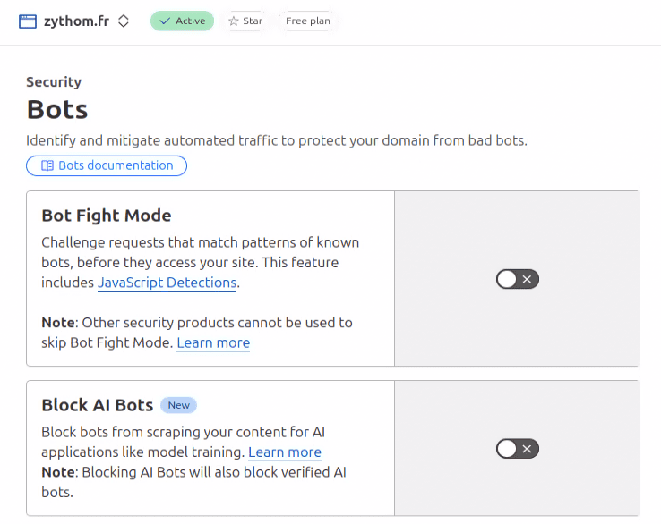 Capture d'écran Cloudflare pour zythom.fr montrant les options de sécurité Bot Fight Mode et Block AI Bots