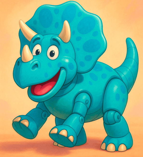 Tricératops bleu cartoon style Pixar (Trixie de Toy Story 3) souriant avec articulations visibles
