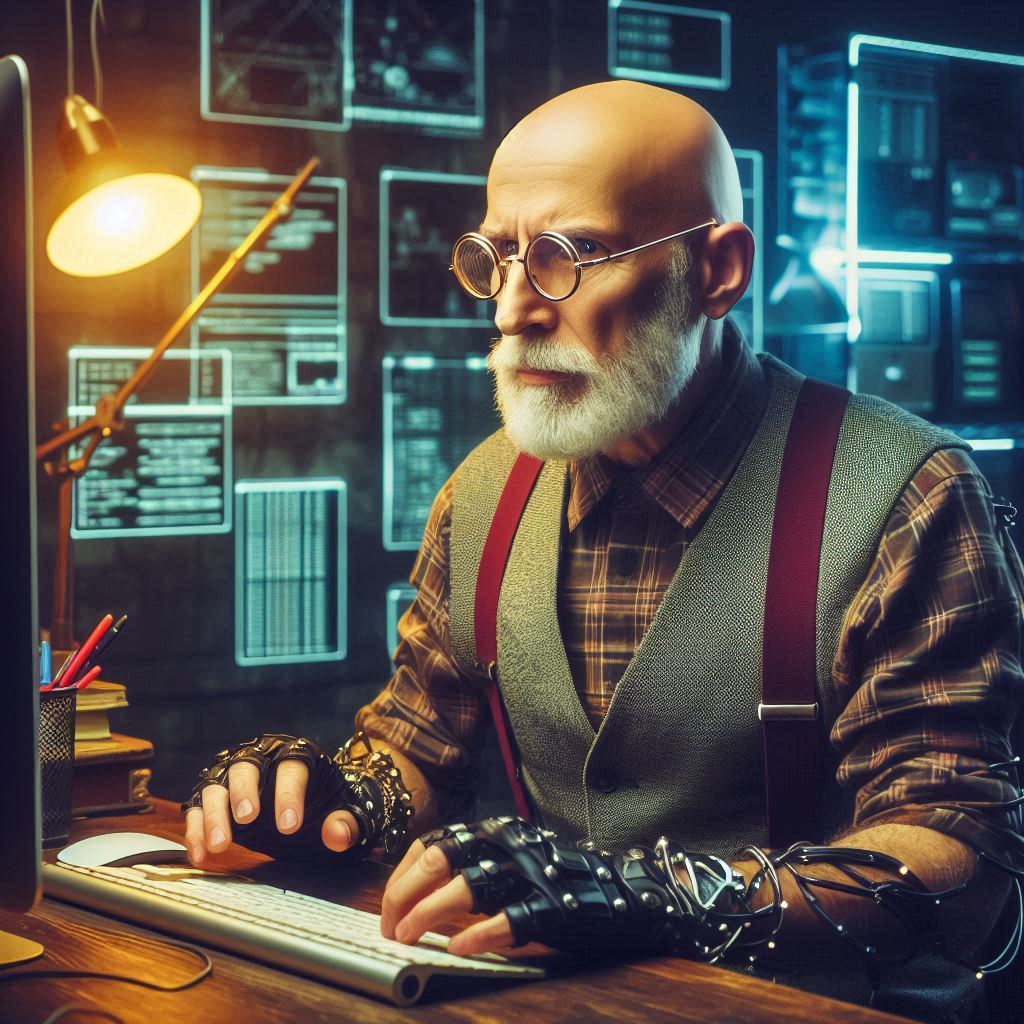 Homme âgé barbu aux cheveux gris, lunettes rondes, chemise à carreaux, assis au bureau parmi écrans et code