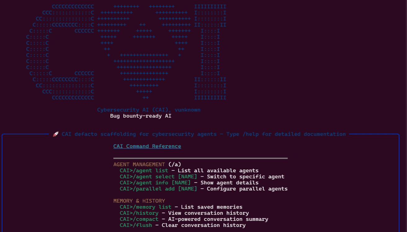 Terminal de l'outil CAI (Cybersecurity AI) affichant les commandes disponibles en couleurs