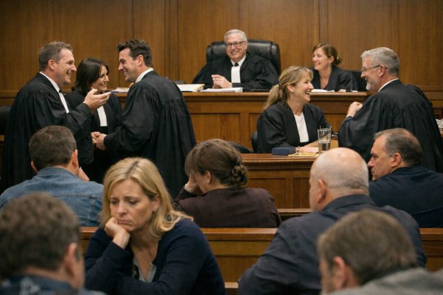 Scène de tribunal avec juges, avocats en robes noires et public attentif