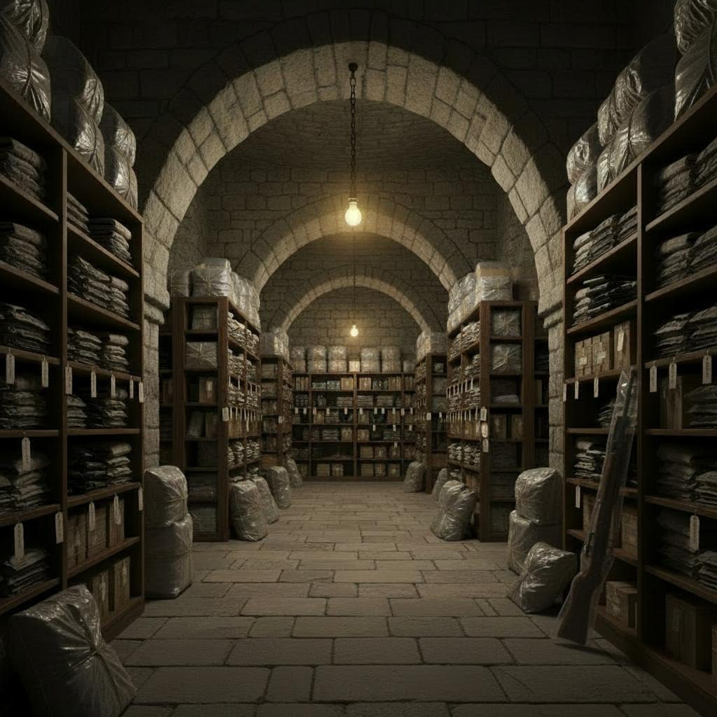 Illustration d'une cave souterraine avec arcs de pierre, étagères remplies de documents et lampes suspendues