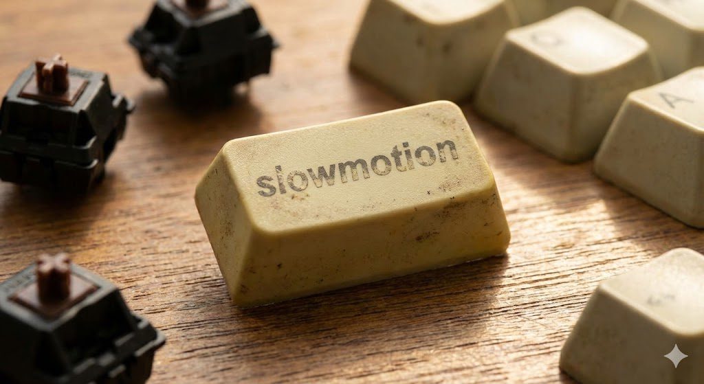 Gros plan d'une touche de clavier beige gravée du texte slowmotion