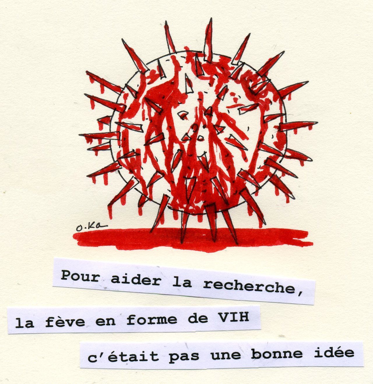 Dessin encre rouge d'un virus hérissé, visage au centre, critique humoristique sur le VIH