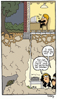 Bande dessinée avec personnage dans paysage arborisé et dialogues