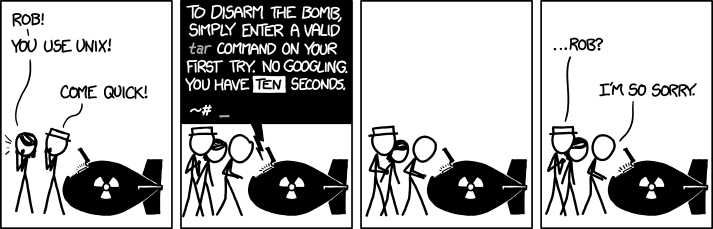 Bande dessinée XKCD : quatre cases humoristiques sur la commande Unix tar avec jeu de mots sur « désamorcer une bombe »